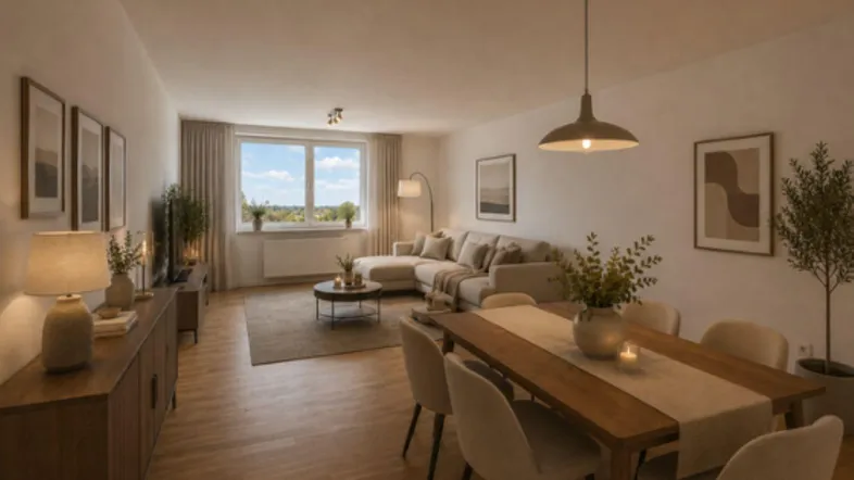 Helles Wohn- und Esszimmer mit modernem Interieur, Parkettboden und Blick ins Grüne.