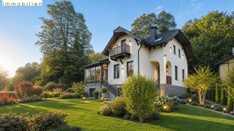 Elegantes Einfamilienhaus mit gepflegtem Garten und weitläufiger Grünfläche bei Sonnenuntergang.