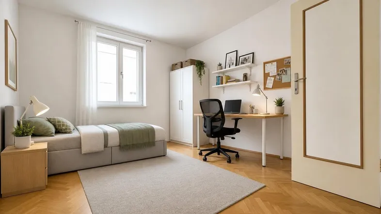 Helles Schlafzimmer mit Parkettboden, Schreibtisch und Kleiderschrank, ideal für Studenten oder Gäste.