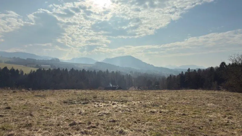 Weitläufige Landschaft mit Feldern, Wäldern und Bergen im Hintergrund unter einem bewölkten Himmel.