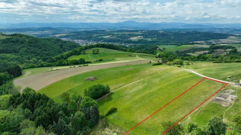 Luftaufnahme einer weitläufigen grünen Landschaft mit Feldern und einem rot markierten Grundstück.