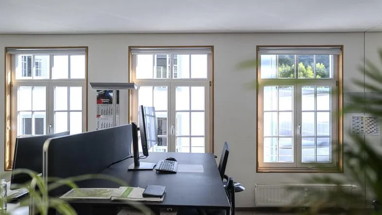 Heller Büroraum mit mehreren Arbeitsplätzen, großen Fenstern und Blick ins Grüne.