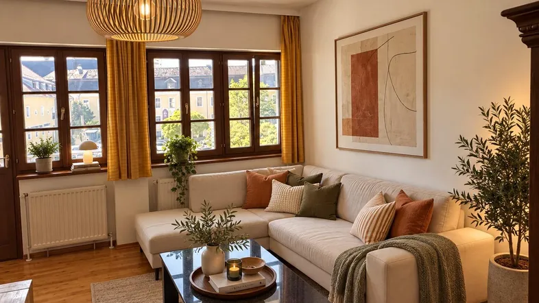 Helles Wohnzimmer mit beigem Ecksofa, Holzboden und Blick auf die Umgebung durch die Fenster.