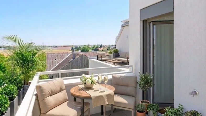 Heller Balkon mit Sitzgelegenheiten, Pflanzen und weitem Blick über die Landschaft.