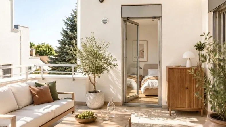 Heller Balkon mit bequemen Outdoor-Möbeln, Topfpflanzen und direktem Zugang zu einem Schlafzimmer.