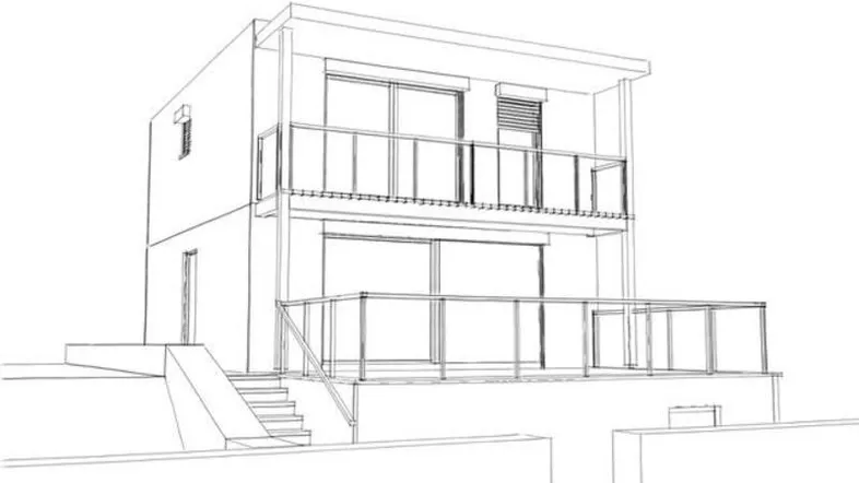 Architektonische Skizze eines modernen Hauses mit Balkon und Terrasse.