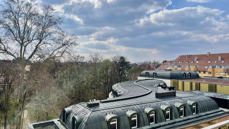 Blick über die Dächer der Stadt mit einer markanten geschwungenen Dachkonstruktion und grünen Bäumen im Hintergrund.