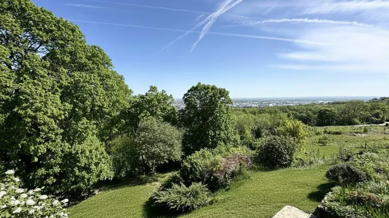Grüner Gartenbereich mit weitem Blick über die Landschaft und die Stadt unter blauem Himmel.