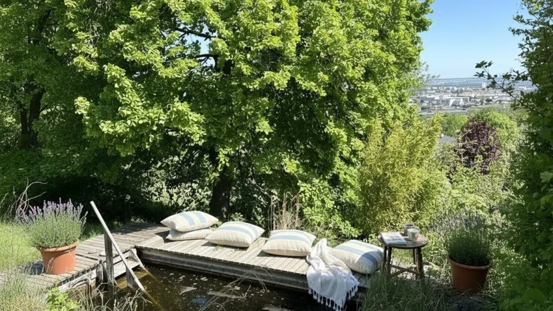 Idyllischer Naturteich mit Holzdeck, bequemen Kissen und Topfpflanzen, umgeben von grüner Natur.