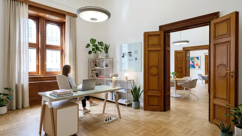 Helles Büro mit Fischgrätparkett, großen Fenstern und eleganten Holztüren, ideal für konzentriertes Arbeiten.