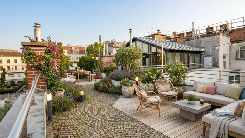 Großzügige Dachterrasse mit verschiedenen Sitzbereichen, Pflanzen und Blick über die Stadt.
