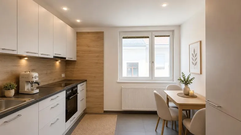 Moderne Küche mit weißen Schränken, Holzakzenten und einem Essbereich am Fenster.