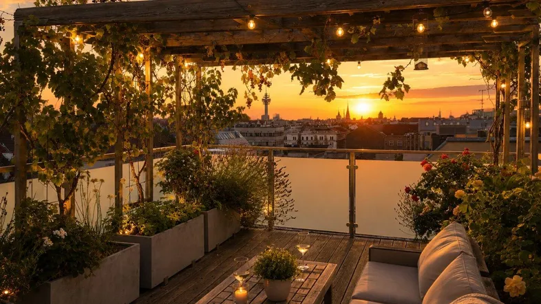 Große Dachterrasse mit Pergola, gemütlichen Sitzgelegenheiten und malerischem Stadtblick bei Sonnenuntergang.
