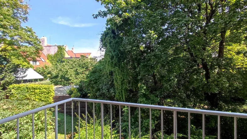 Blick vom Balkon ins Grüne mit üppigen Bäumen und einem ruhigen Hinterhofbereich.