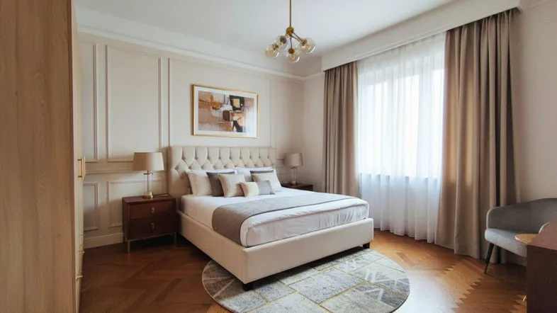 Elegantes Schlafzimmer mit Fischgrätparkett, gepolstertem Bett und stilvoller Wandverkleidung.