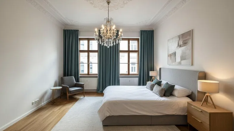 Elegantes Schlafzimmer mit Fischgrätparkett, Stuckdecke und großem Bett, umgeben von blauen Vorhängen.