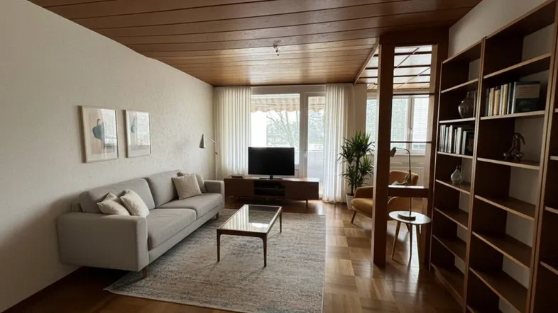 Gemütliches Wohnzimmer mit Parkettboden, Holzdecke und Zugang zum Balkon.