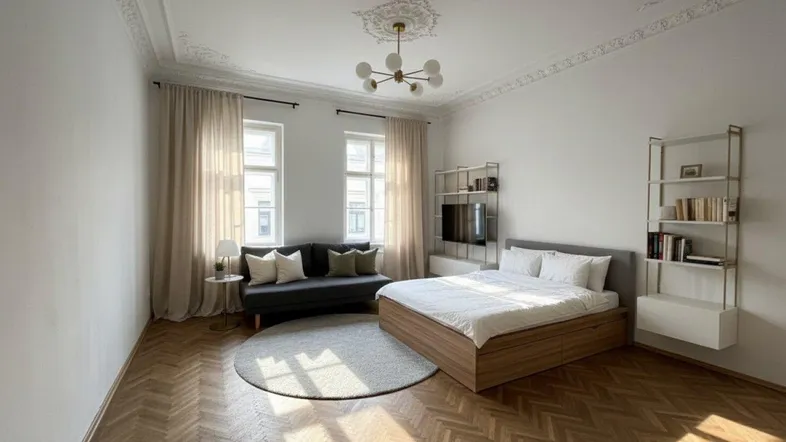 Helles Schlafzimmer mit Fischgrätparkett, Stuckdecke und großen Fenstern.