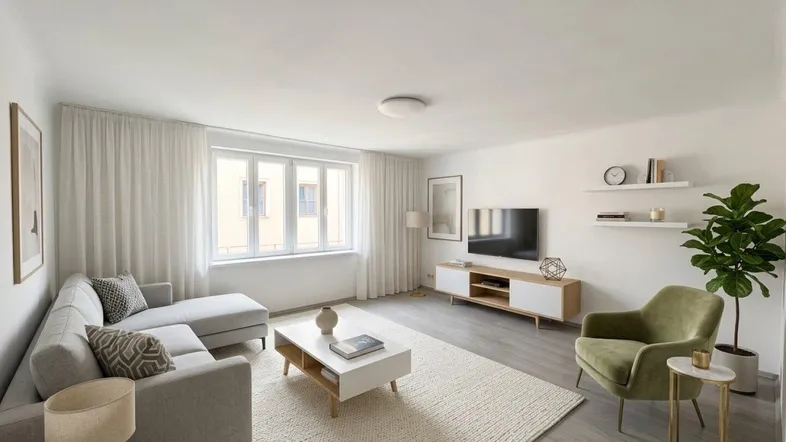 Modernes, helles Wohnzimmer mit beigem Sofa, Fernseher und Laminatboden.