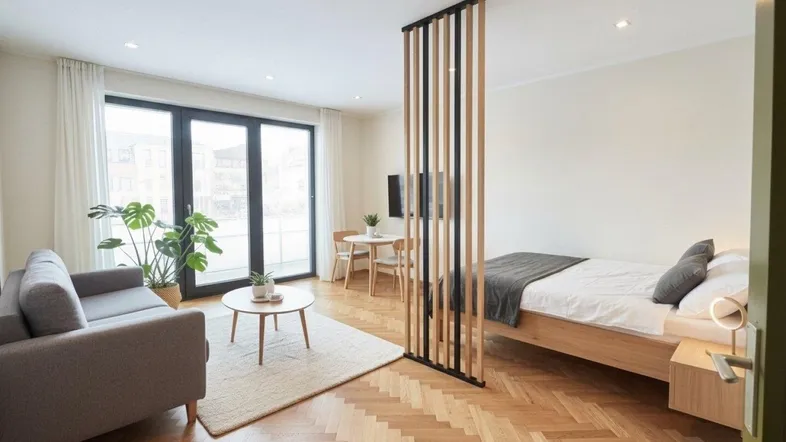 Heller offener Wohnbereich mit Schlaf- und Essbereich, Fischgrätparkett und großen Fenstern zum Balkon.