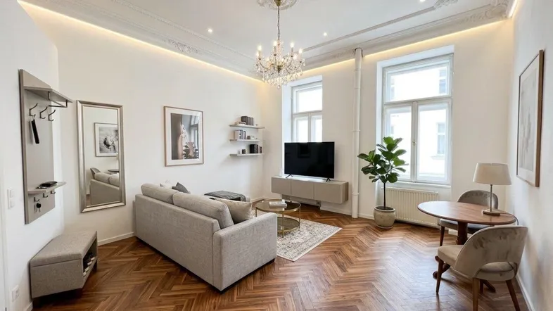 Helles Wohnzimmer mit Fischgrätparkett, Stuckdecke und hohen Fenstern in einem Altbau.
