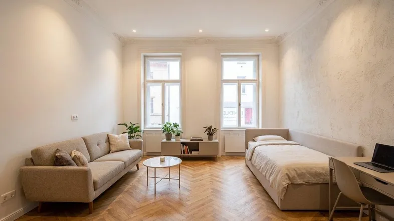 Helles, renoviertes Zimmer mit Fischgrätparkett, Stuckdecke und modernen Möbeln, ideal als Wohn- und Schlafbereich.