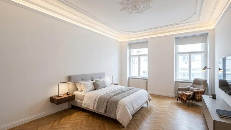 Helles Schlafzimmer mit Fischgrätparkett, Stuckdecke und großen Fenstern, die viel Tageslicht hereinlassen.