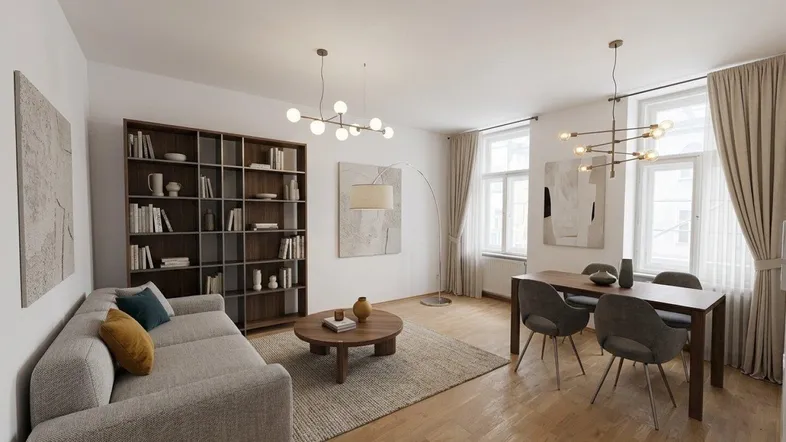 Helles Wohn- und Esszimmer mit Holzboden, Bücherregal und modernen Leuchten.