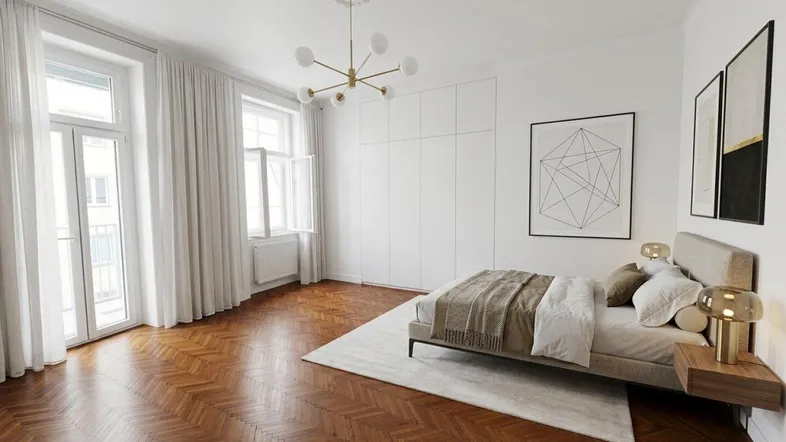 Helles Schlafzimmer mit Fischgrätparkett, Stuckdecke und Zugang zum Balkon, modern eingerichtet.