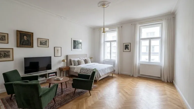 Helles und geräumiges Zimmer mit Fischgrätparkett, kombiniertem Wohn- und Schlafbereich sowie hohen Fenstern.