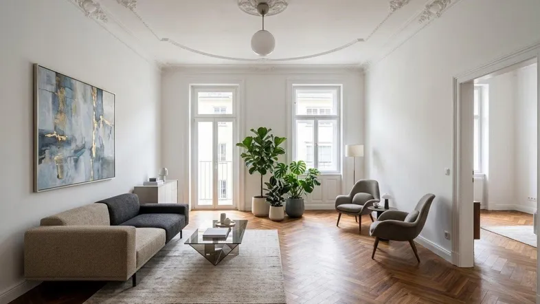 Helles Wohnzimmer mit Fischgrätparkett, Stuckdecke und großen Fenstern, modern eingerichtet.