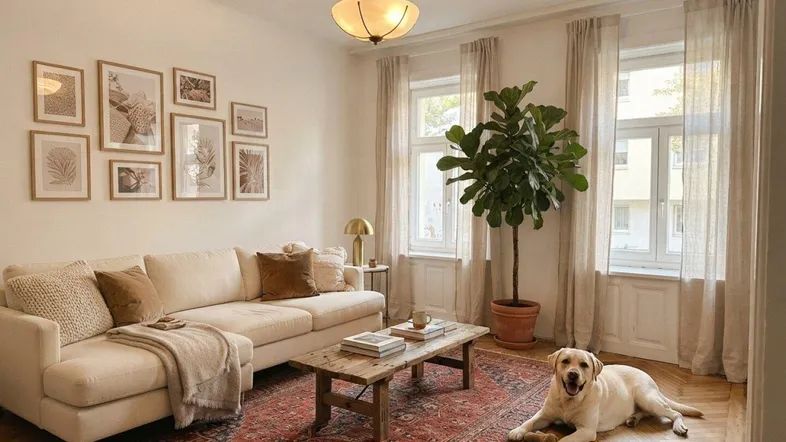 Helles Wohnzimmer mit beigem Sofa, Holztisch und gemustertem Teppich, ein Hund liegt auf dem Parkettboden.