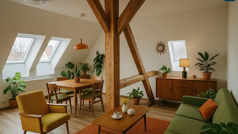 Gemütlicher Wohn-Essbereich im Dachgeschoss mit sichtbaren Holzbalken, Schrägdach und Dachfenstern.