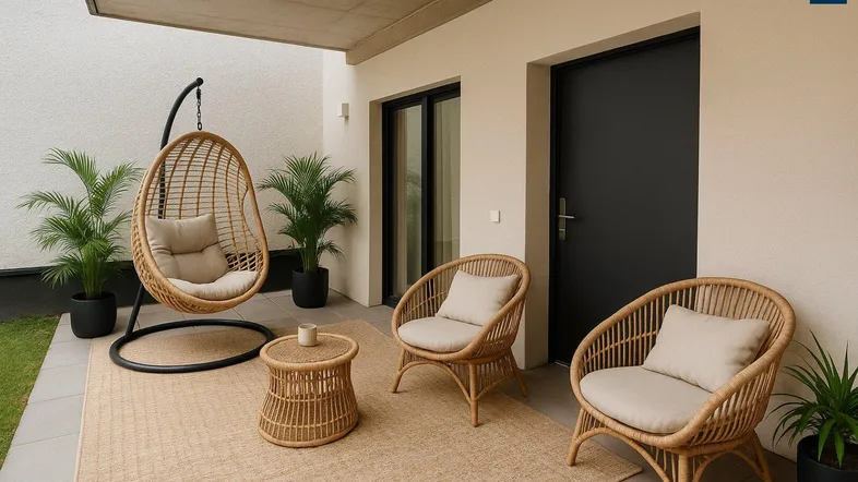 Gemütliche Terrasse mit modernen Rattanmöbeln und Zugang zum kleinen Gartenbereich.