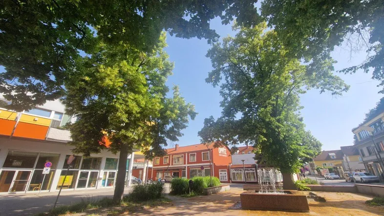 Lebhafter Stadtplatz mit Bäumen, einem Brunnen und umliegenden Gebäuden unter blauem Himmel.