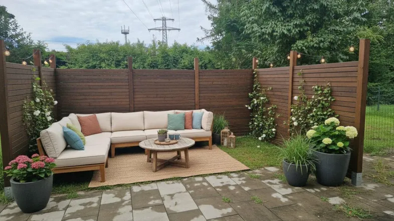 Gemütliche Terrasse mit bequemen Gartenmöbeln, Holzsichtschutz und Pflanzen unter bewölktem Himmel.