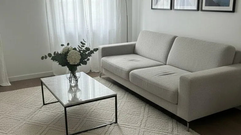 Helles Wohnzimmer mit modernem Sofa, Couchtisch und Teppich, ideal für entspannte Stunden.