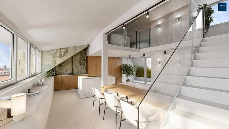 Modernes, lichtdurchflutetes Loft mit offener Küche, Essbereich und eleganter Treppe zur Galerie.