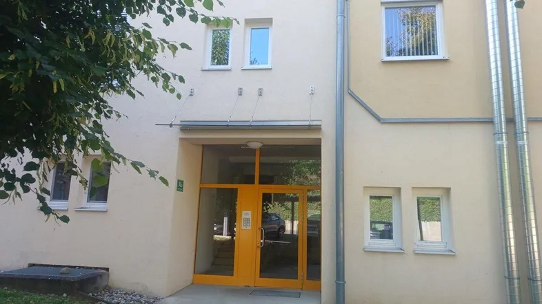Detailansicht des Haupteingangs eines modernen Wohngebäudes mit gelber Tür und gepflegter Umgebung.