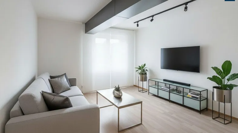 Helles Wohnzimmer mit modernem Design, hellem Holzboden und minimalistischer Einrichtung.
