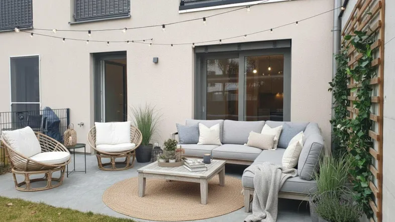 Gemütliche Terrasse mit modernen Gartenmöbeln, Lichterkette und Zugang zum kleinen Gartenbereich.