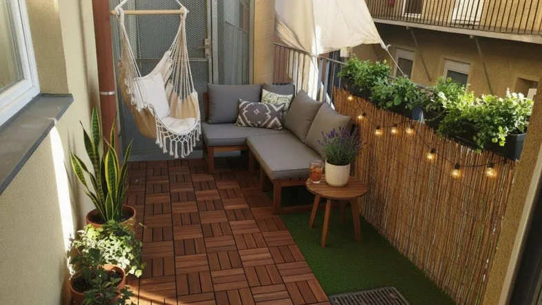 Gemütlicher Balkon mit Hängesessel, Sitzgelegenheiten und dekorativer Beleuchtung, ideal zum Entspannen.