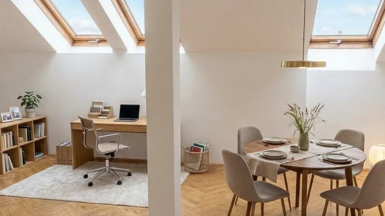 Heller Dachgeschossraum mit Essbereich, Arbeitsplatz und schrägen Decken mit Dachfenstern.