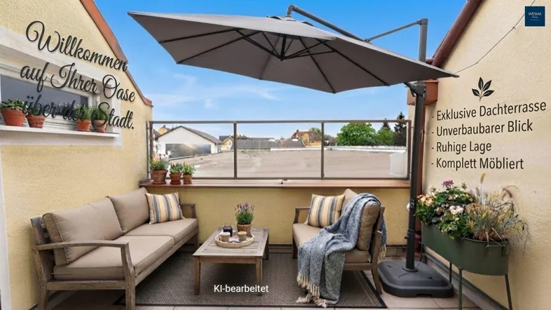 Exklusive Dachterrasse mit bequemen Gartenmöbeln, großem Sonnenschirm und weitem Blick über die Stadt.
