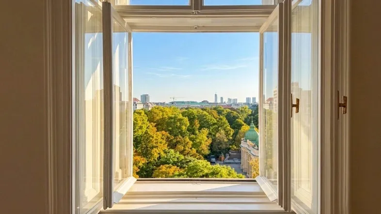Helles Fenster mit Blick auf grüne Bäume und die Stadtkulisse, darunter ein Heizkörper.