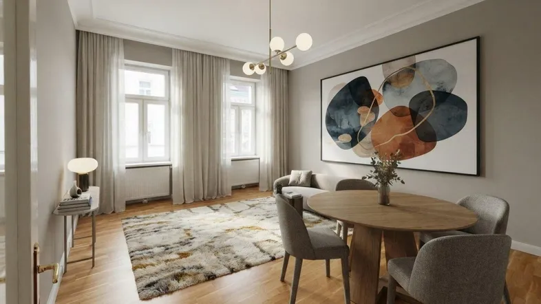 Helles Wohn- und Esszimmer mit modernem Dekor, Holzboden und großem Kunstwerk an der Wand.