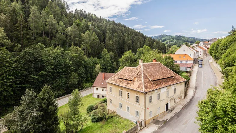 Historisches Gebäude mit Ziegeldach, umgeben von üppiger grüner Landschaft und Wald.