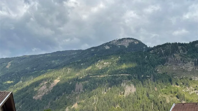 Panoramablick auf bewaldete Berge unter einem bewölkten Himmel, mit Dächern im Vordergrund.