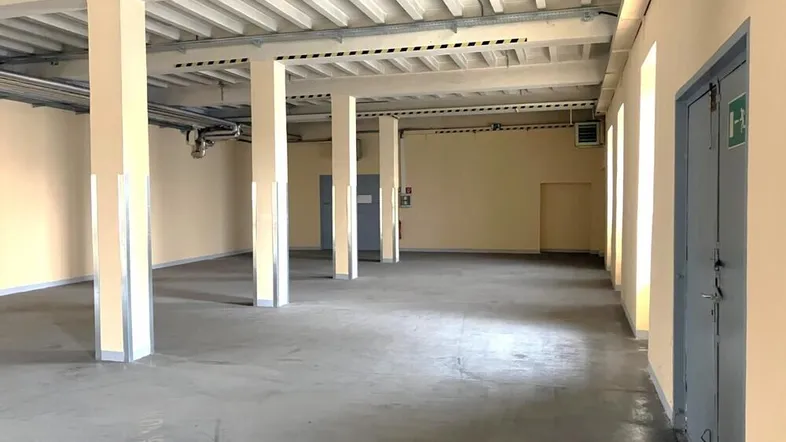 Großer, leerer Raum mit Betonboden und tragenden Säulen, ideal für gewerbliche Nutzung.