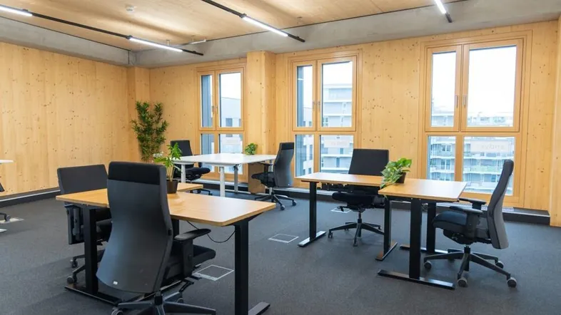 Helles, modernes Büro mit Holzwänden, Teppichboden und mehreren Arbeitsplätzen mit höhenverstellbaren Tischen.